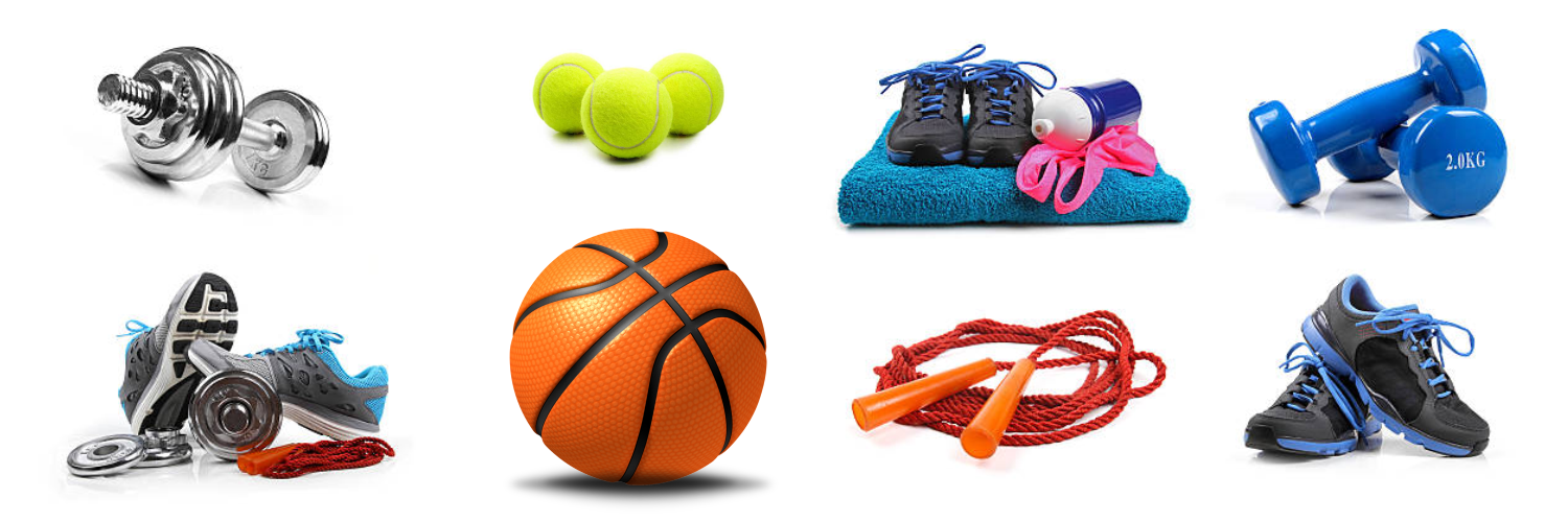 Exercise equipment for aerobic and resistance training: weights, tennis balls, jump rope, basketball, and running shoes for heart health.