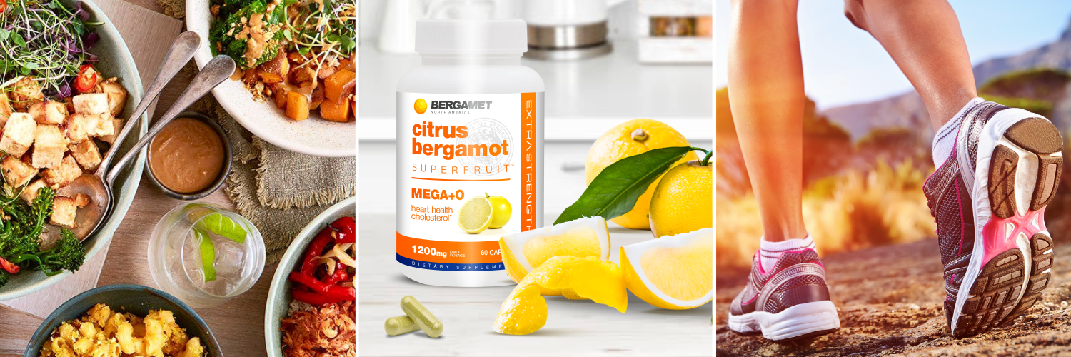 Healthy organic meals, BergaMet's Citrus Bergamot supplements, and a person walking to support natural cholesterol management and improve heart health.